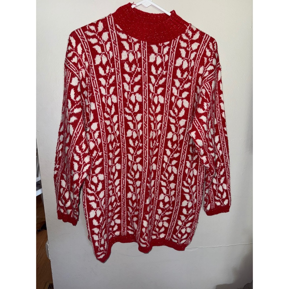 American Pride Red Floral Sparkle Knit Sweater Tunic Holiday Winter‎